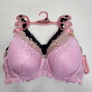 Juicy Couture 40D Lace Pink Nude Black Bra Set Dainty Romantic Feminine Cute NWT